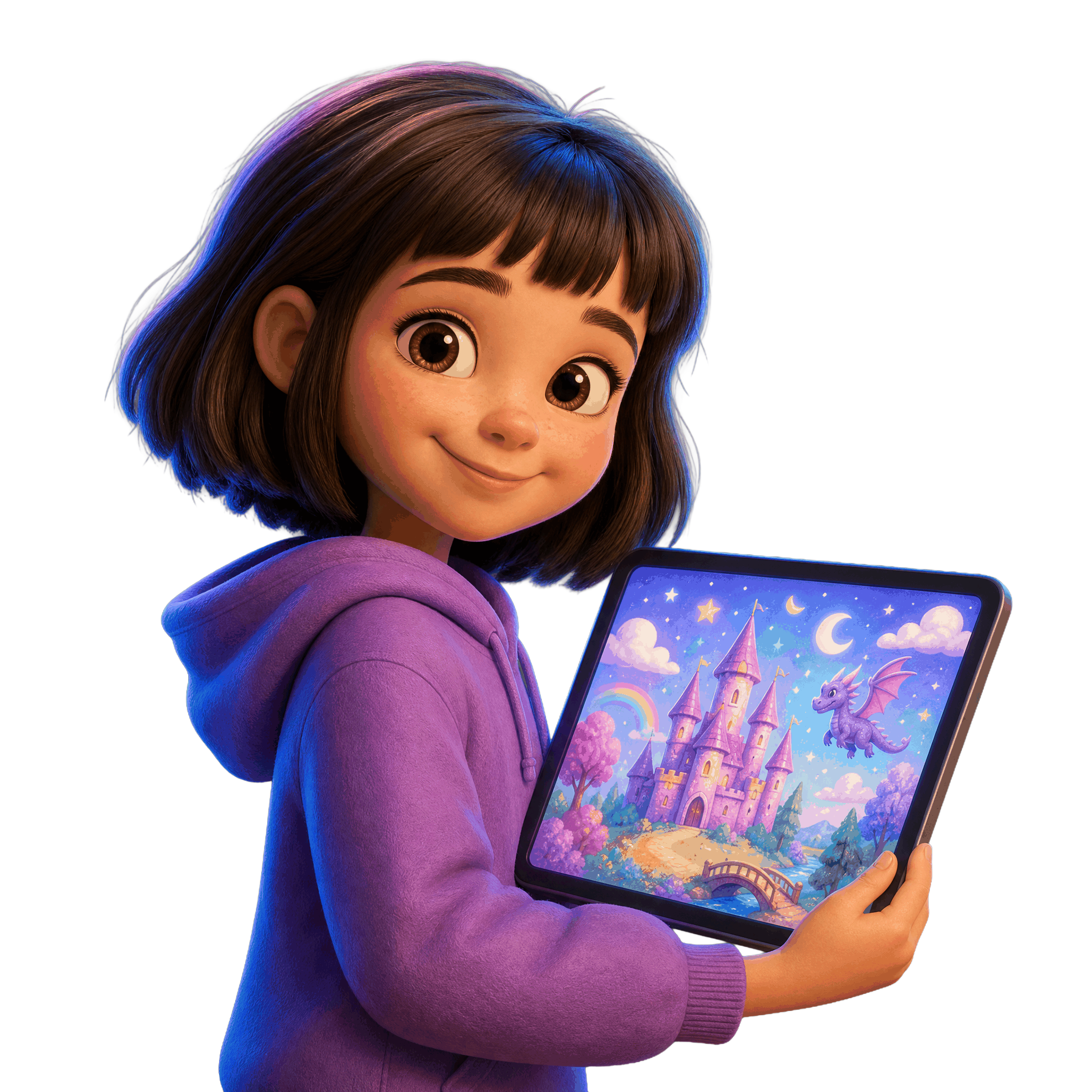Полина, 9 лет, стилизованный персонаж бренда TEEN.AI с планшетом