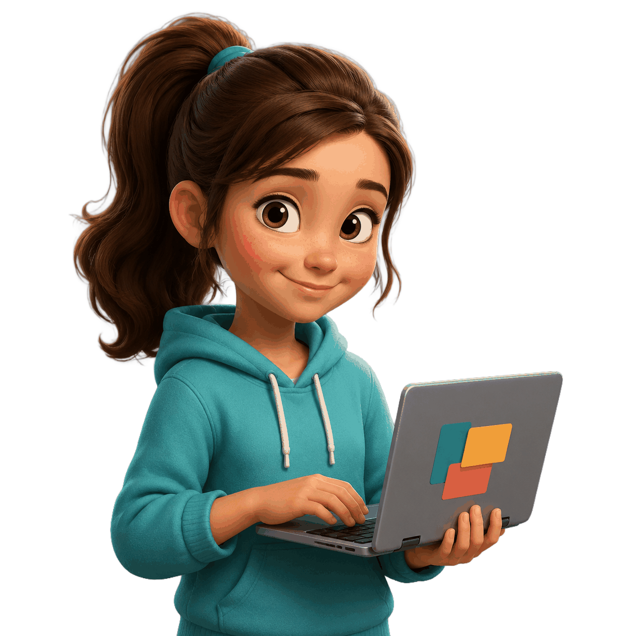 Ульяна, 11 лет, стилизованный персонаж бренда TEEN.AI с ноутбуком